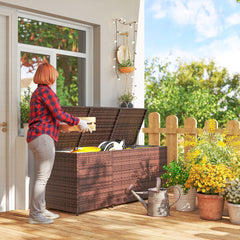 175 Gallon Outdoor Storage Box with Inner Liner, PE Rattan Wicker Deck Box with Pneumatic Bar Lift, Mixed Brown