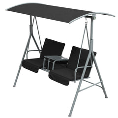 2-Seater Outdoor Porch Swing with Canopy and Table, Patio Swing Chair for Garden, Poolside, Backyard, Black