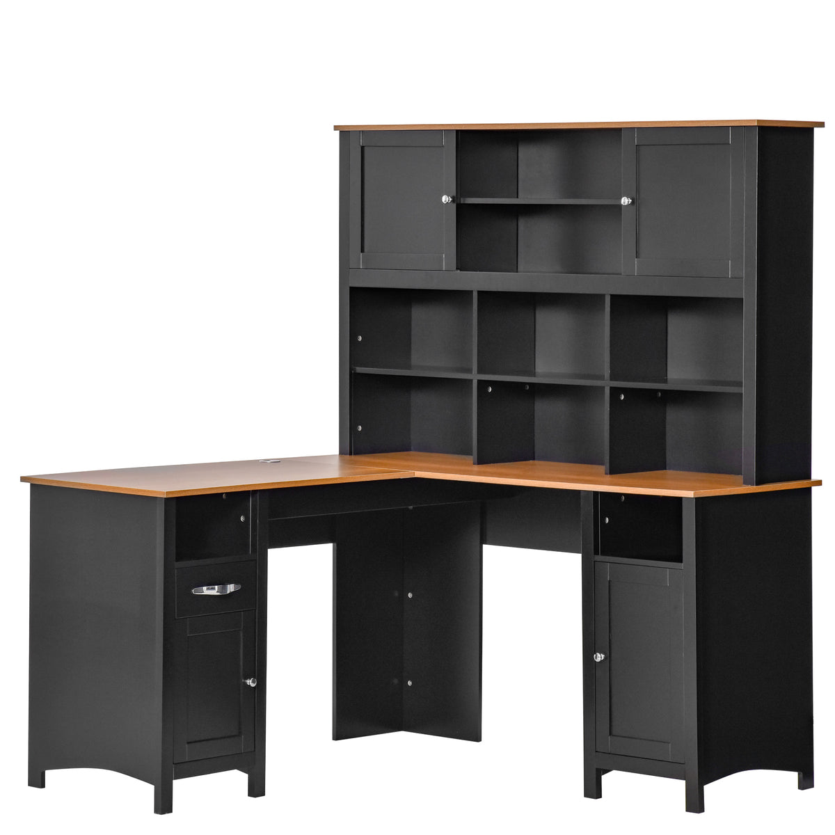 L Shaped Computer Desk with Hutch, 59" Corner Desk, Space Saving Home Office Desk with Storage Shelves, Drawer and Cabinet, Black