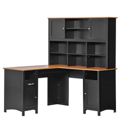 L Shaped Computer Desk with Hutch, 59" Corner Desk, Space Saving Home Office Desk with Storage Shelves, Drawer and Cabinet, Black
