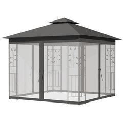  10' x 10' Metal Patio Gazebo, Double Roof Outdoor Gazebo Canopy Shelter with Tree Motifs Corner Frame and Netting, for Garden, Lawn, Backyard, and Deck, Gray