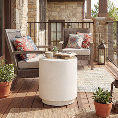 Lightweight Accent Table with Concrete Finish Round Side Table, Cream White