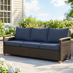 3 Seater Outdoor Couch Sofa, PE Wicker Patio Sofa, Wide Deep Seat, 4" Cushions, Wood-Effect Armrests Legs, Dark Blue