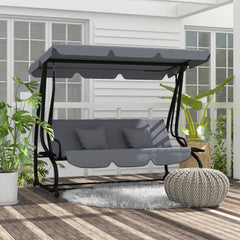 Free Standing Swing Bench, Porch Swing with Stand, Adjustable Canopy, Cushion and Pillows, Dark Gray
