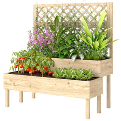 2-Tier Raised Garden Bed with Trellis, Elevated Planter Box for Climbing Plants, Natural