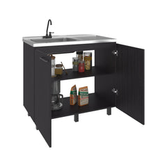 Pulsar Utility Sink Complete with Faucet, Freestanding Base with Legs and Deep Stainless Steel Basin, Modern Multi-Purpose Sink for Kitchen, Laundry or Utility Room, Black + Dark Walnut