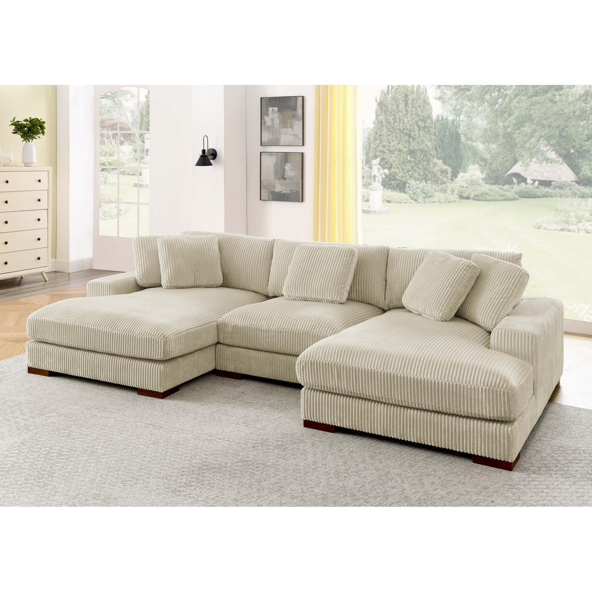 Large Seating Corduroy Upholstered Double Chaise Sectional