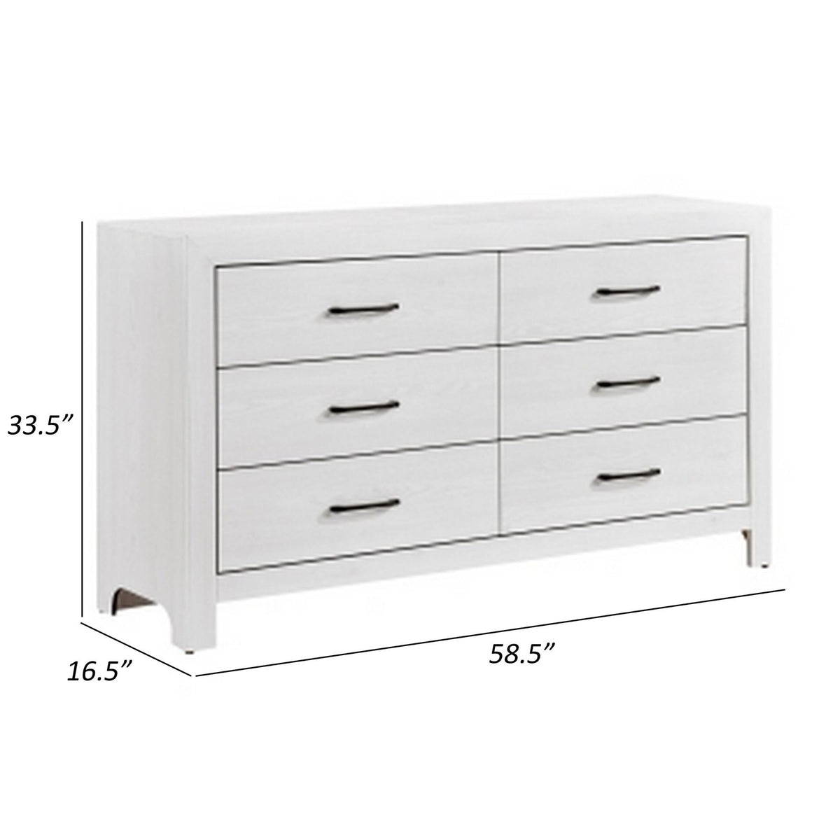 Record 59 Inch Wide Dresser, 6 Drawers with Black Nickel Handles, White Finish