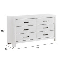 Record 59 Inch Wide Dresser, 6 Drawers with Black Nickel Handles, White Finish