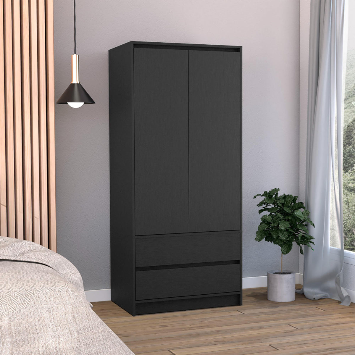 Aria 2 Drawers Armoire, Double Door, Hanging Rod -Black