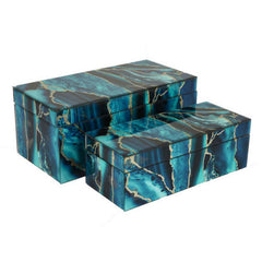 Vista Decorative Box Set of 2, Deep Blue Black Faux Marble Accent Glass