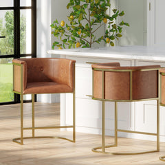 26" Counter Stool – Tobacco Brown Faux Leather with Brass-Finish Metal Base, 1PC