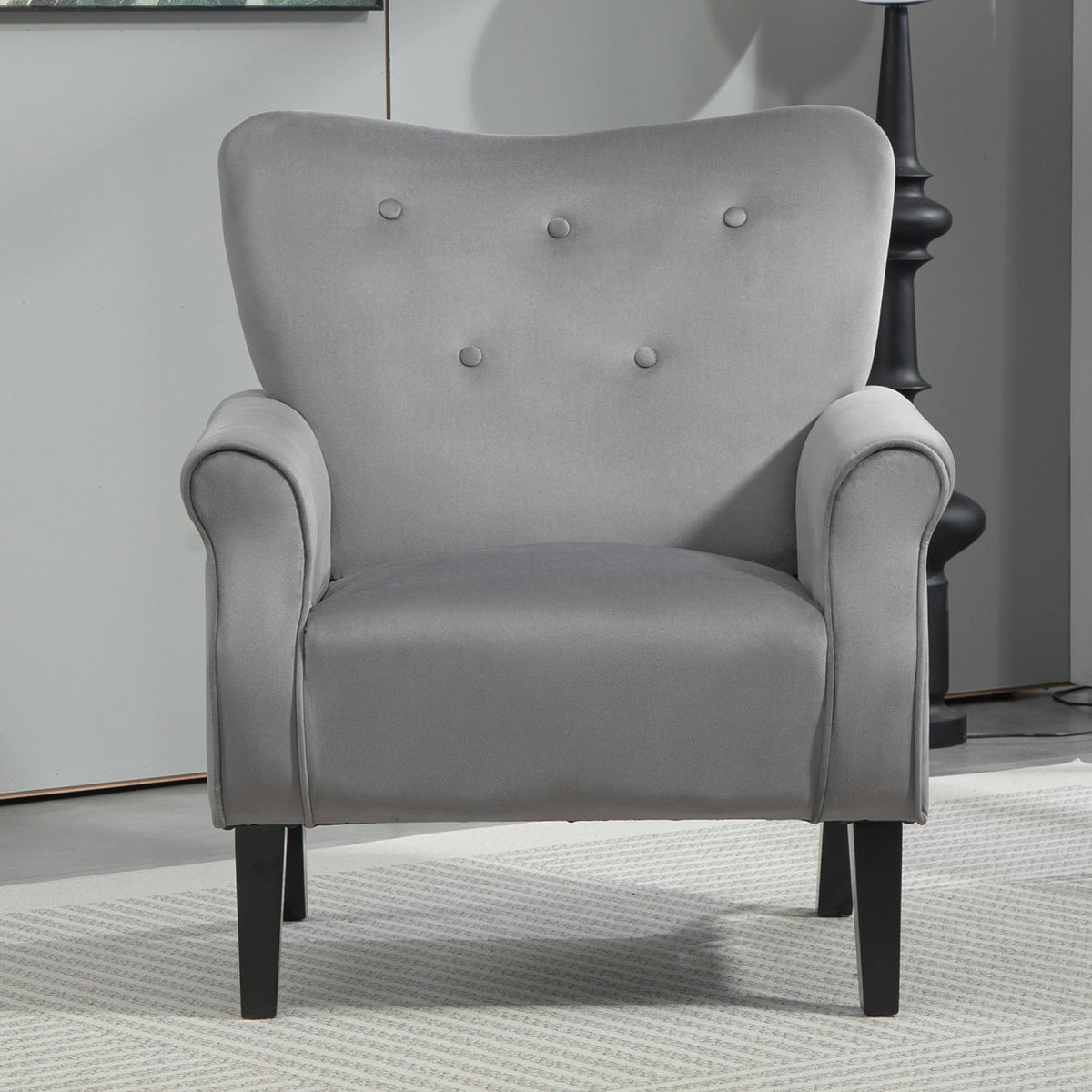 Mid-Century Modern Wingback Accent Chair, Upholstered Fabric Armchair with Sturdy Wood Legs, High-Back Padded Club Chair for Living Room Bedroom Office