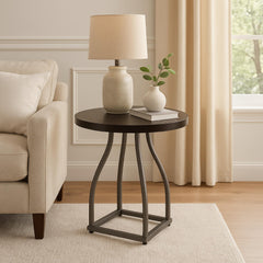 Apollo Accent Table, 20 Inch Round Wood Brown Top, Gray Metal Base