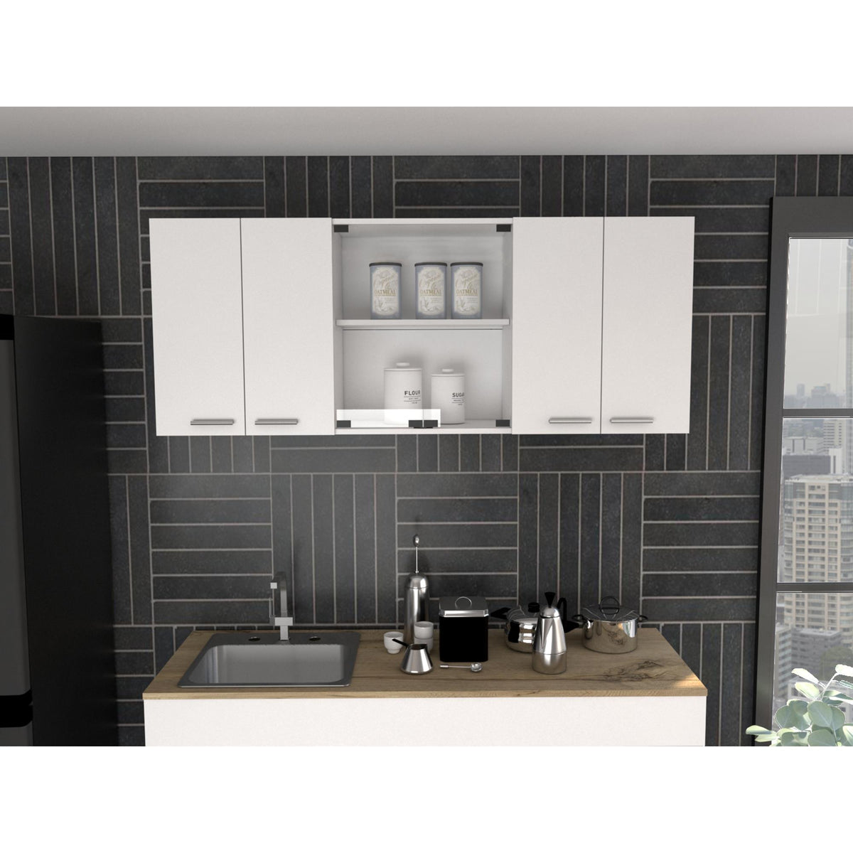 Sanctuary 59-inch Two Center Glass Doors Wall Cabinet White