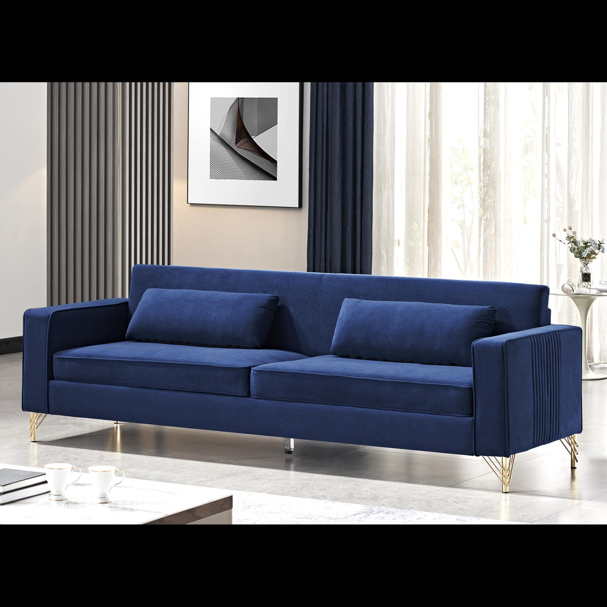 Hades 85.8" Velvet Sofas for Living Room, 3 Seater Couch with Classic Modern Appeal and Luxurious Soft Comfort, Easy to Maintain, Blue