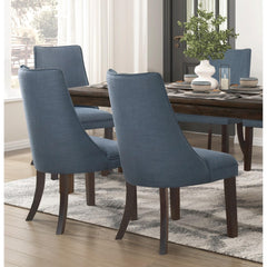 7pc Dining Set Dark Brown Finish Table and Blue Fabric Upholstered 6x Side Chairs Wooden Modern Dining Kitchen Furniture