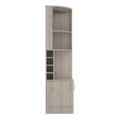Asteroid bar cabinet 71" H, with two shelves at the top, 1 glass holder, 8 exterior bottle racks, 1 central shelf and a lower drawer with 2 side doors, light gray