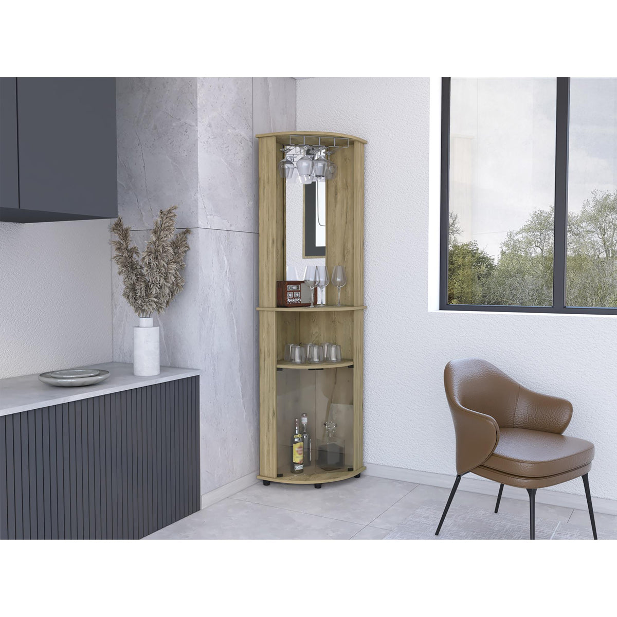 Meteor 75" H Mirrored Corner Bar Cabinet, With Glass Doors, Two Shelves and Stemware