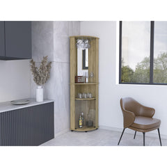 Meteor 75" H Mirrored Corner Bar Cabinet, With Glass Doors, Two Shelves and Stemware