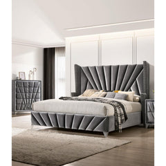 Bedroom Wingback Headboard 1pc Eastern King Size Bed Furniture Gray Fabric Upholstered Unique Bed