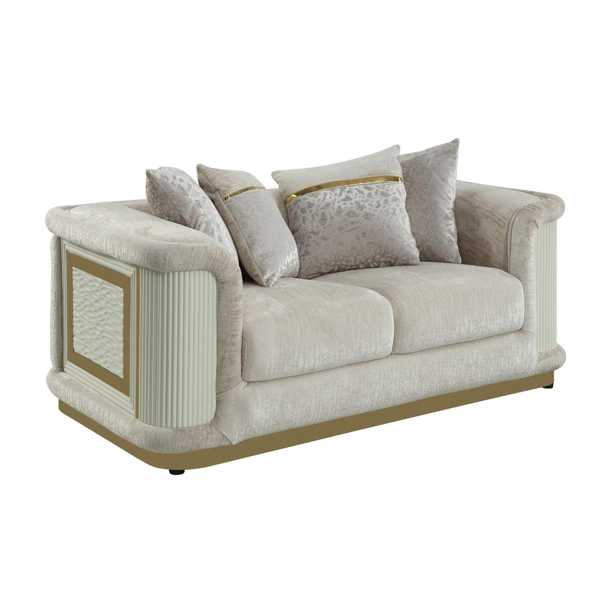 Asgard Contemporary Style Loveseat with rich beige color fabric, gold-accented framing, and distinctive diamond-pattern panels