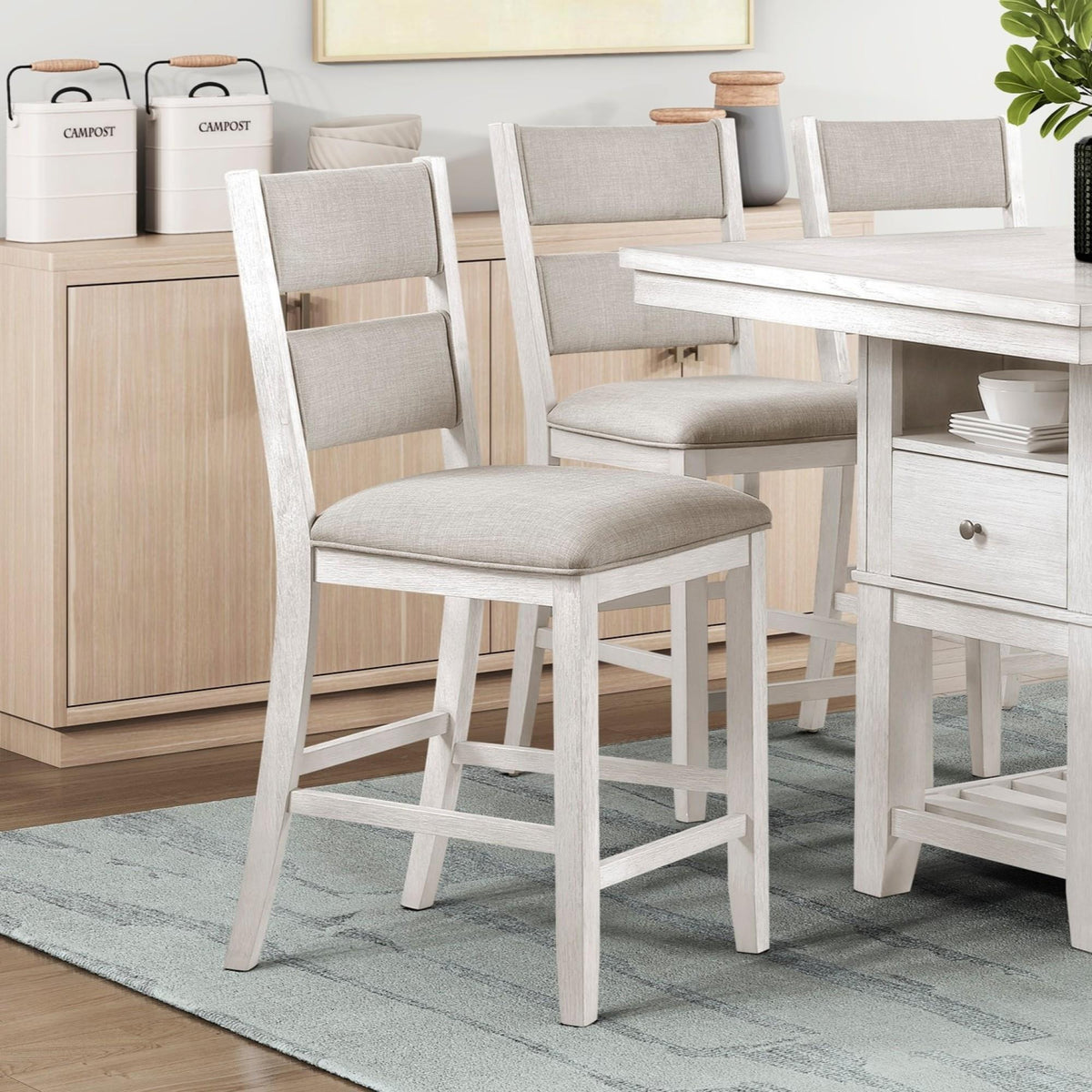 Modern Farmhouse Counter Height Chairs Set of 2 Antique White Finish Upholstered Seat Back Dining Furniture