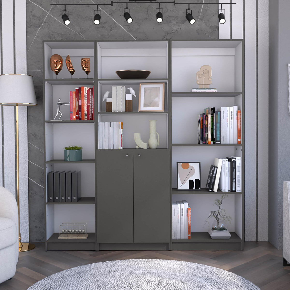 Fable 3 Piece Home Bookcase set, 67" Wide with 12 Shelves and 2-door Cabinet , Living Room Set Matt Gray / White