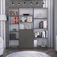Fable 3 Piece Home Bookcase set, 67" Wide with 12 Shelves and 2-door Cabinet , Living Room Set Matt Gray / White