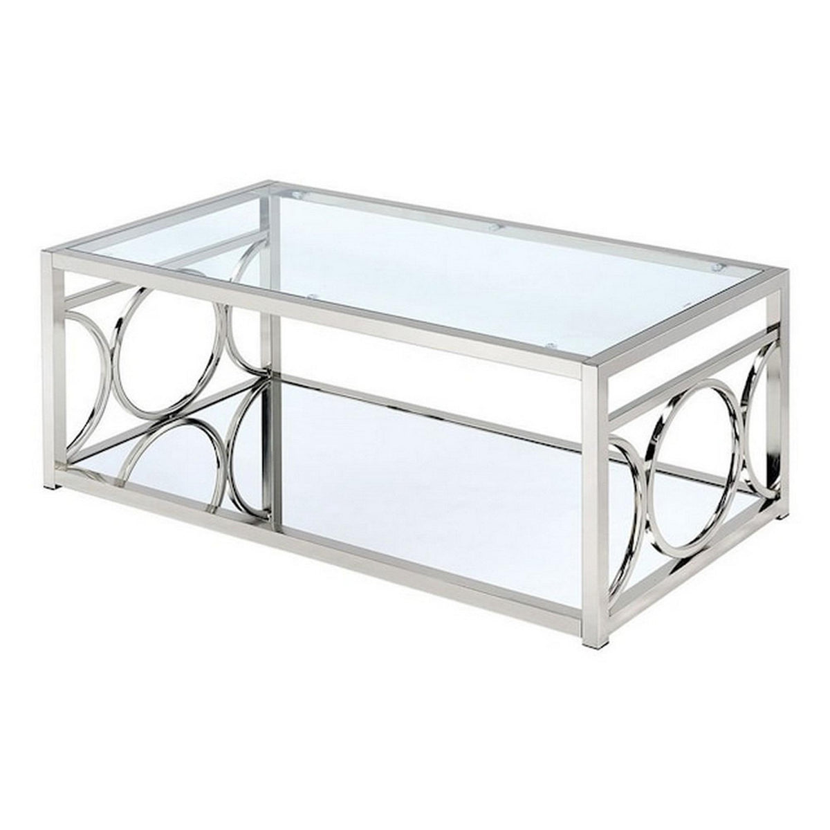 Nebula 47 Inch Coffee Table, Glass Top, Mirrored Bottom Shelf, Metal Accents
