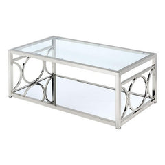 Nebula 47 Inch Coffee Table, Glass Top, Mirrored Bottom Shelf, Metal Accents