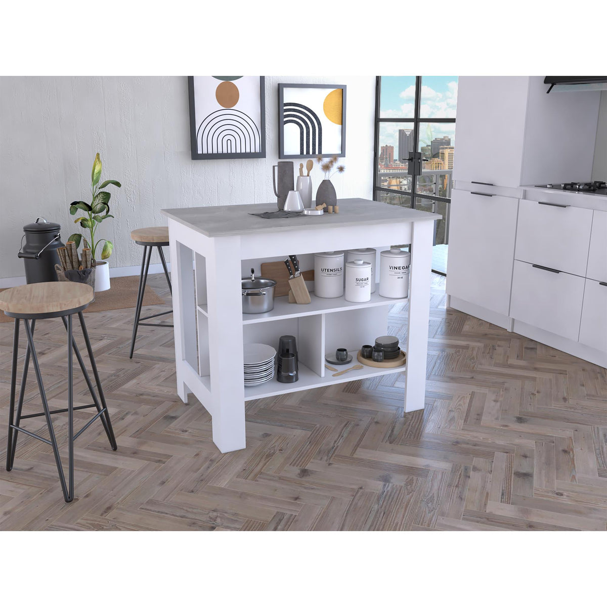 Astyanax Kitchen Island, Four Legs, Three Shelves -White / Ibiza Marble