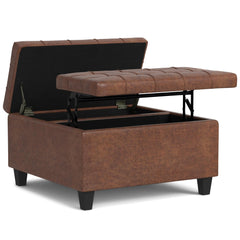 Aeneas 30 inch Wide Small Square Coffee Table Storage Ottoman in Distressed Saddle Brown Vegan Leather