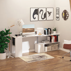 55" 360° Rotating Corner Computer Desk Modern L-Shaped Home Office Workstation with 3-Tier Storage Shelves, Bookshelf, White