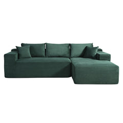 2-Piece Convertible Corduroy L-Shaped Sofa in a Box with Pillows, 3-Seater Modular Sectional Couch, Compressed Living Room Furniture, Dark Green (Right Facing)