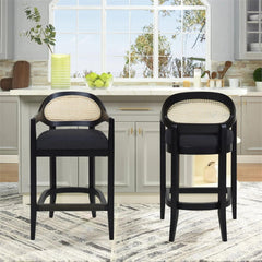 Ares Mid-Century Modern 30.5" Cane Back Bar Stool, Jet Black