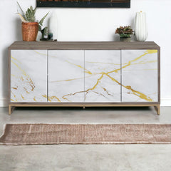 Venus White Marble Paint Oak & Champagne Finish Console Cabinet