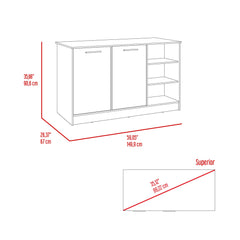 Archive Kitchen Island, Three Open Shelves, Two Cabinets -White / Dark Brown