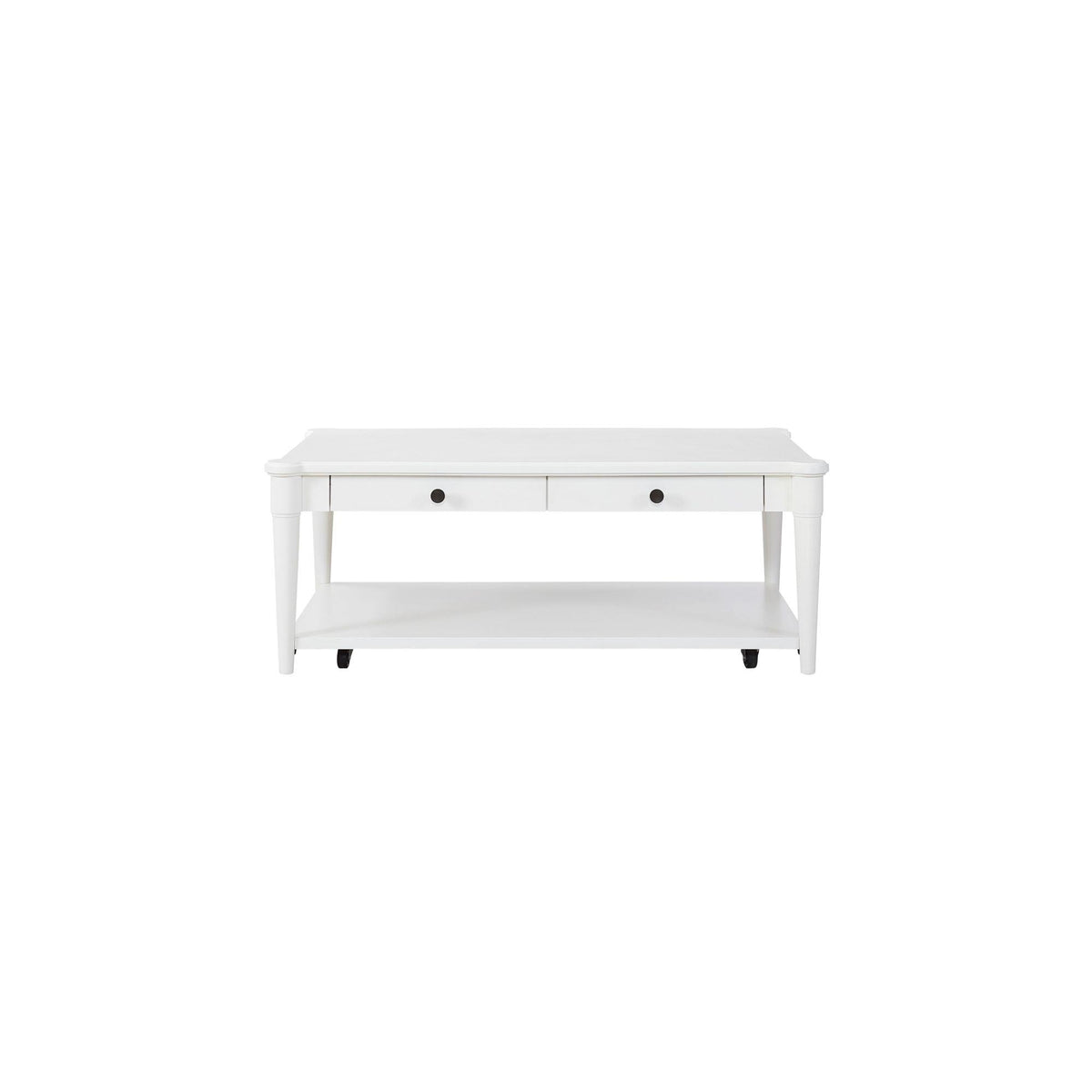 White Finished Cocktail Table With Two Storage Drawers and Casters