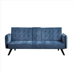 72" Velvet Convertible Sofa Bed with Cup Holders, Tufted Folding Futon Sleeper Couch, Mid-Century Modern 3 Seater for Small Spaces, 72" L x 34.6" D x 31" H,  Blue