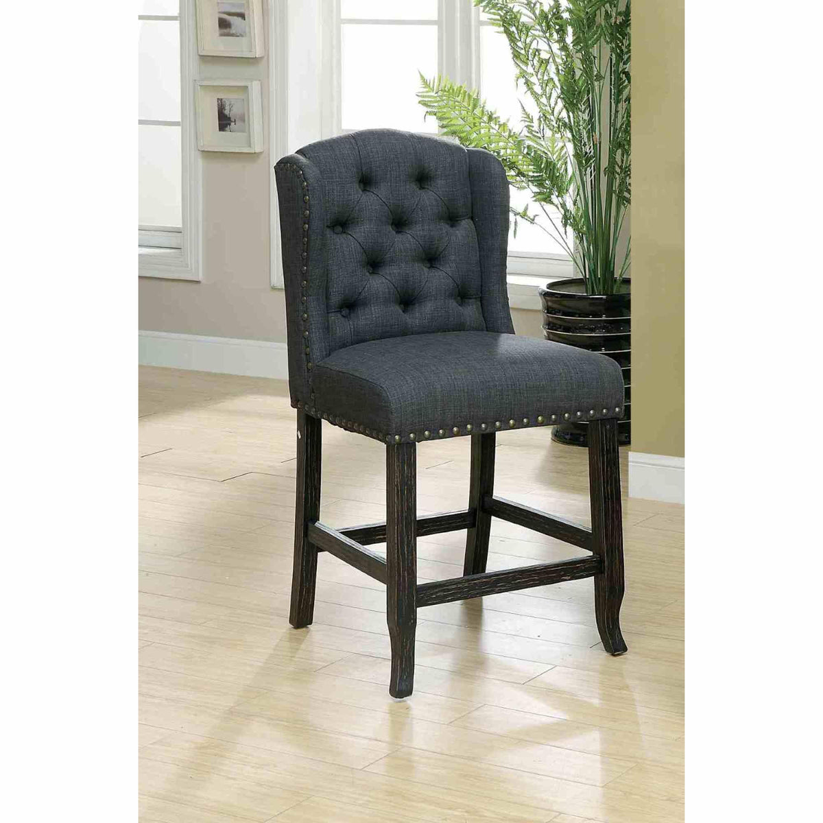 Rustic Style 2pc Counter Height Chair Bold Distressed Nailhead Trim Wingback Antique Black Finish Dining Room