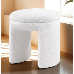 Contemporary Style Teddy Fabric Round Top 1pc Accent Stool Bench Design White Finish Primary Living Room