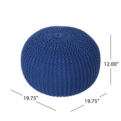 Poseidon Knitted Cotton Round Pouf, Navy Blue