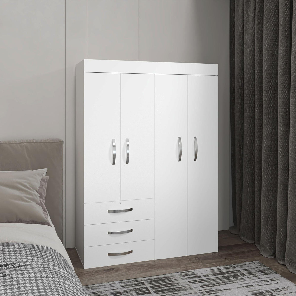 Clytemnestra Adjustable Armoire, Rods, Double Door Cabinet, Three Drawers, Two Shelves White