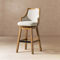 Pandora 30" Cane Rattan High-Back Swivel Bar Stool with Recessed Arms, Two-Tone Neutral Gray Polyester Wool Blend
