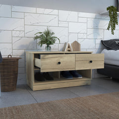 Saturn Storage Bench, Two Open Shelves, Two Drawers -Light Oak