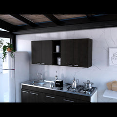 Wall Cabinet 24" H, Four Doors, Two Open Storage Shelves, Two Internal Shelves, Internal Dish and Glass Organizer, Black