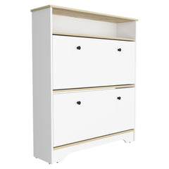Saturn Rack 46" H, One Open Storage Shelf, Two Internal Storage Drawers, Two Doors, Light Oak / White