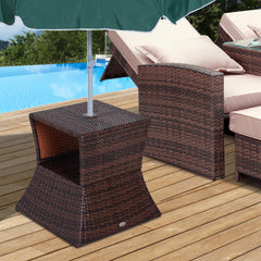 Outdoor Side Table with Umbrella Hole, 2 Tier Rattan Wicker End Table with Storage Shelf, All Weather for Outdoor, Patio, Garden, Backyard, Mixed Brown