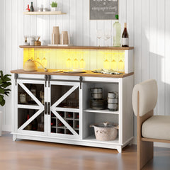 55" Coffee Bar Cabinet with Lights, Farmhouse Wine Cabinet with Wine and Glass Racks for Kitchen, Dining Room, White